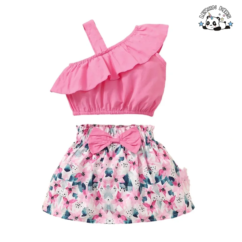 LEZONKIDS - Summer Girl Set One-Shoulder Lotus Leaf Collar Blouse Floral Skirt Two-Piece Set